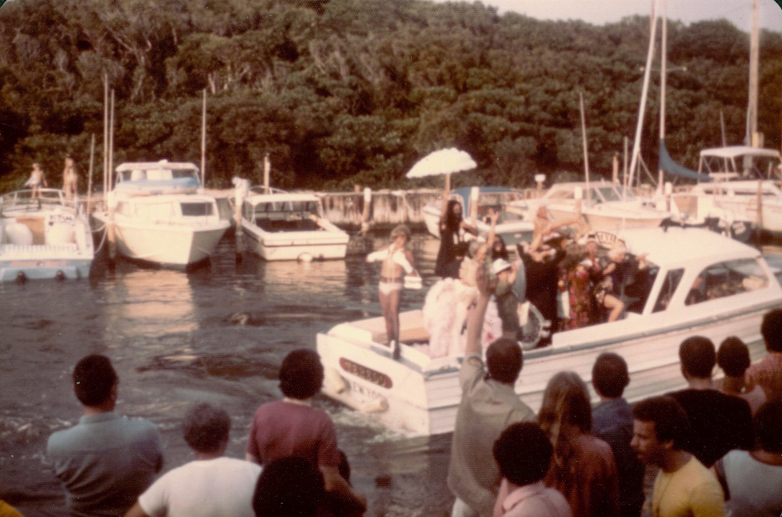 Invasion leaving 2 1977. Rose Levine on back boat.JPG
