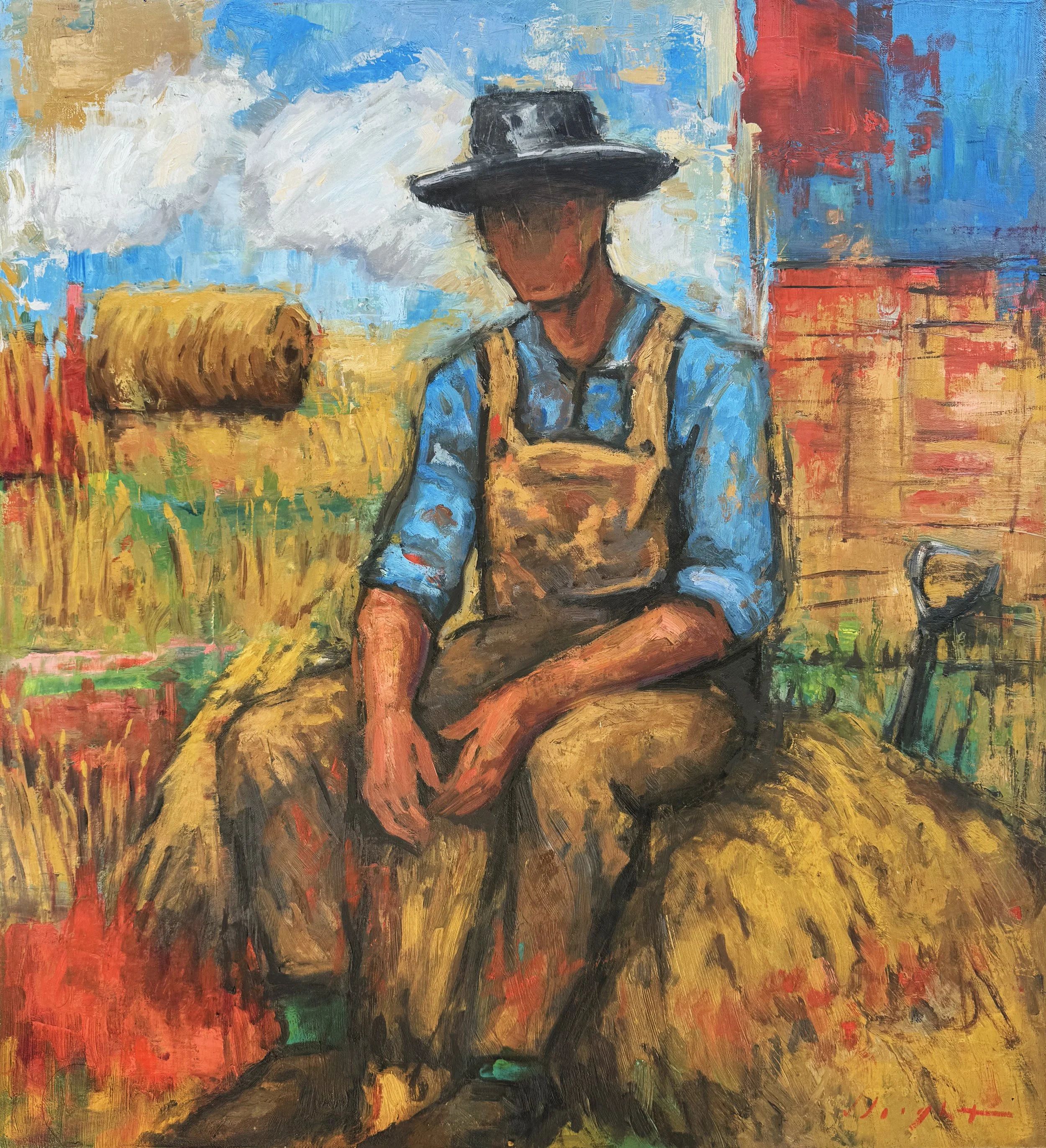 Farmer on Haystack, Oil on Linen, 20" x 24" $1,100