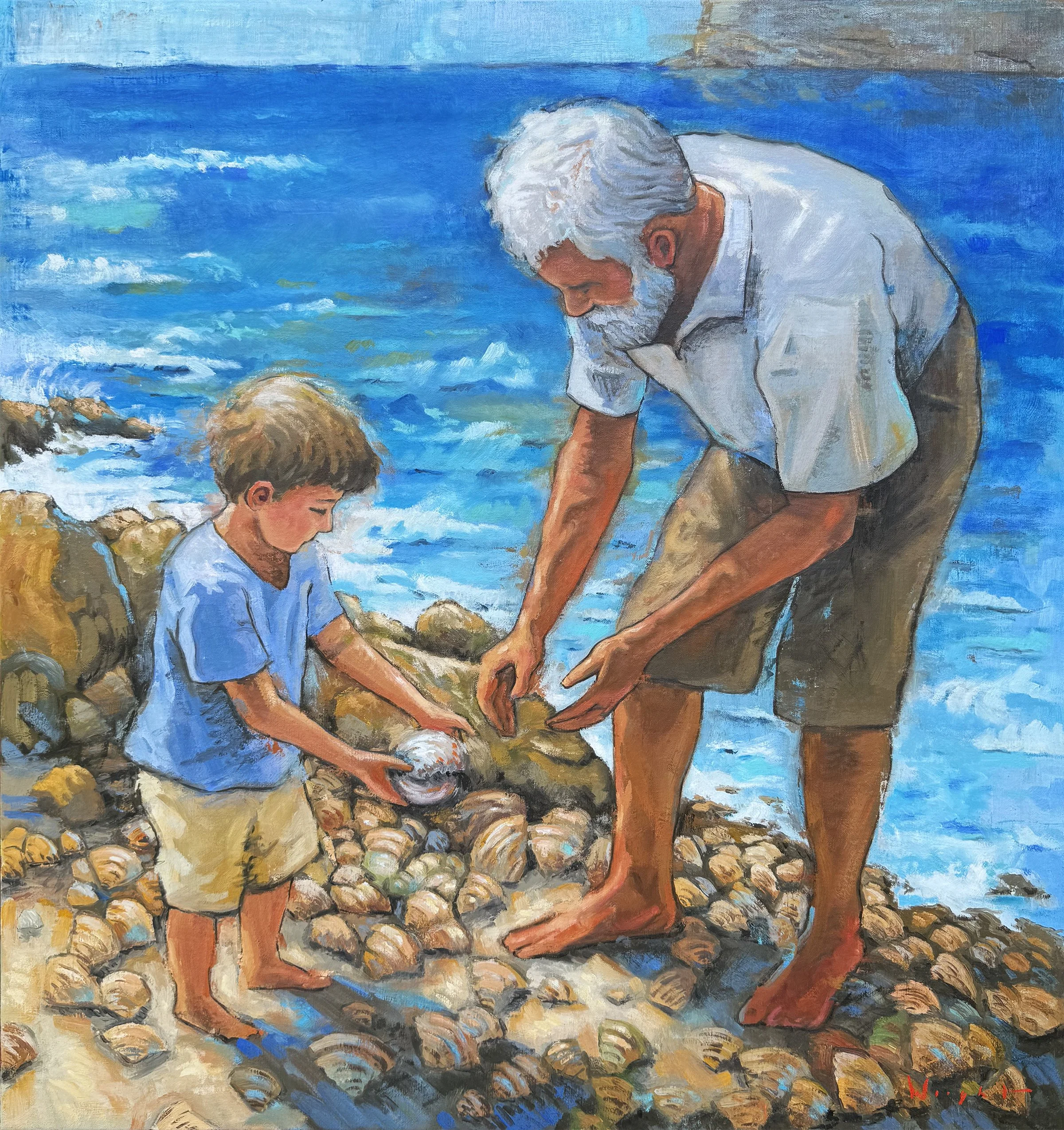 Father and Son at Shelly Beach, Oil on Linen, 24" x 26", (Currently NFS)
