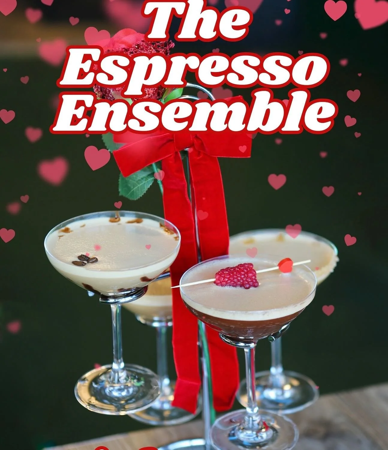 Sip happens when love is in the air🍸❤️
Check out our new valentine, The Espresso Ensemble 😍☕️🔥
Choose 4 out of our 5 specialty Espresso Martinis to make it a Martini Flight!
The Espresso Ensamble: 
Raspberry Beret 🎀
Chocolate Lover 🍫
Maple Crush