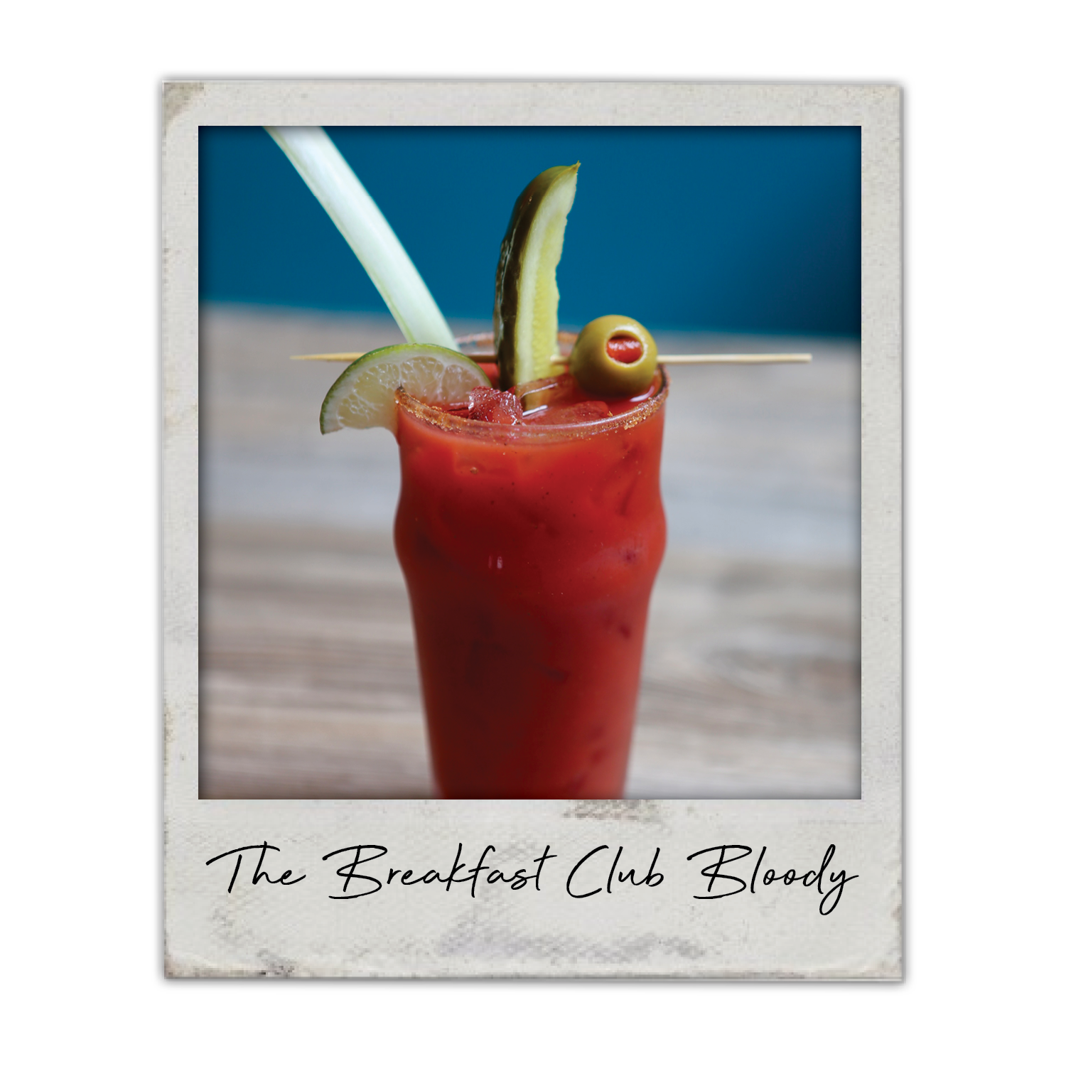 The Breakfast Club Bloody | The Breakfast Club USA, A classic Bloody Mary made with Tito’s vodka and homemade bloody mix, garnished with pickle, olive, and lime.