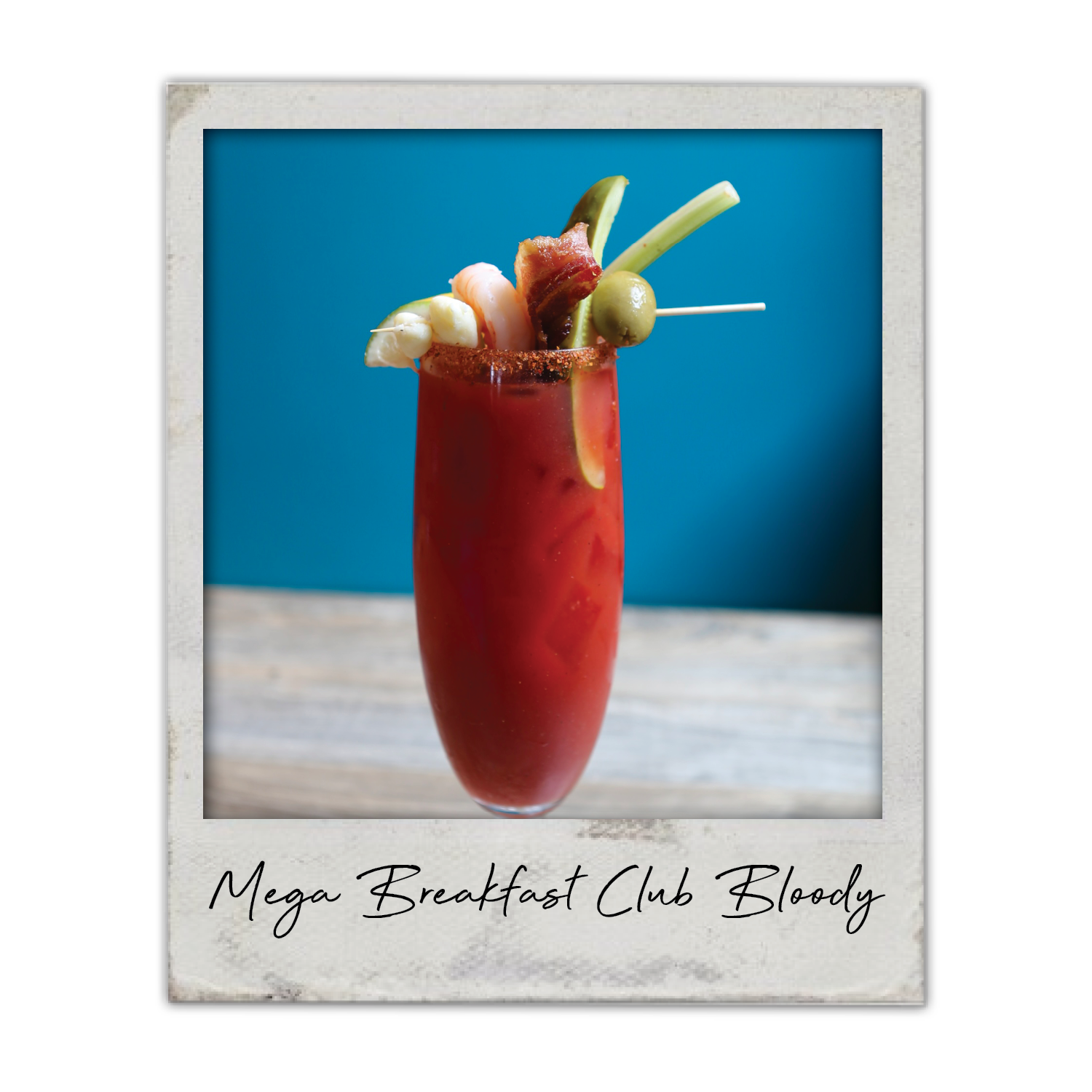 Mega Breakfast Club Bloody, An oversized Bloody Mary made with homemade mix and Tito’s vodka, topped with garnishes.
