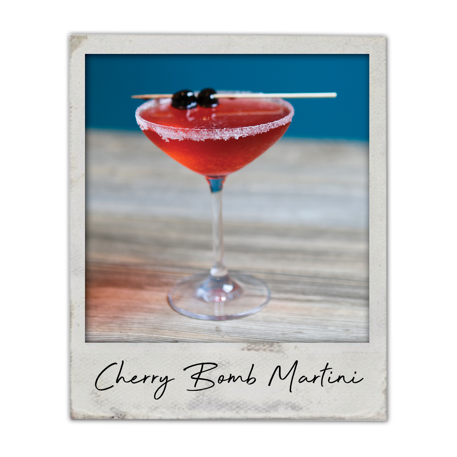 Cherry Bomb Martini | The Breakfast Club USA, A bright cherry martini with a sugared rim, served in a stemmed glass. Regarded as the best Brunch Martini in Ankeny!
