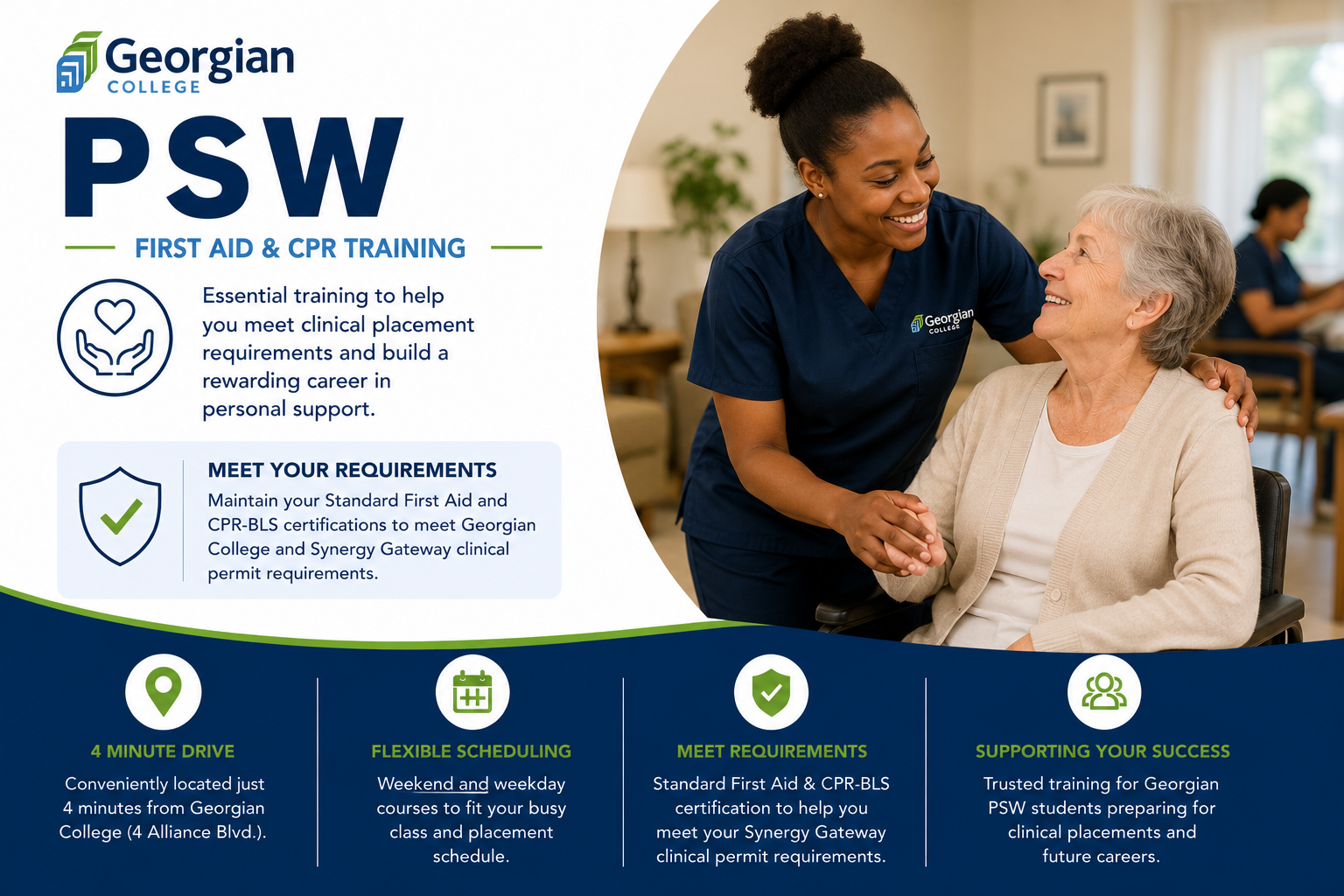A promotional image for Georgian College PSW First Aid & CPR Training showing a healthcare professional assisting an elderly woman in a nursing home or medical setting.