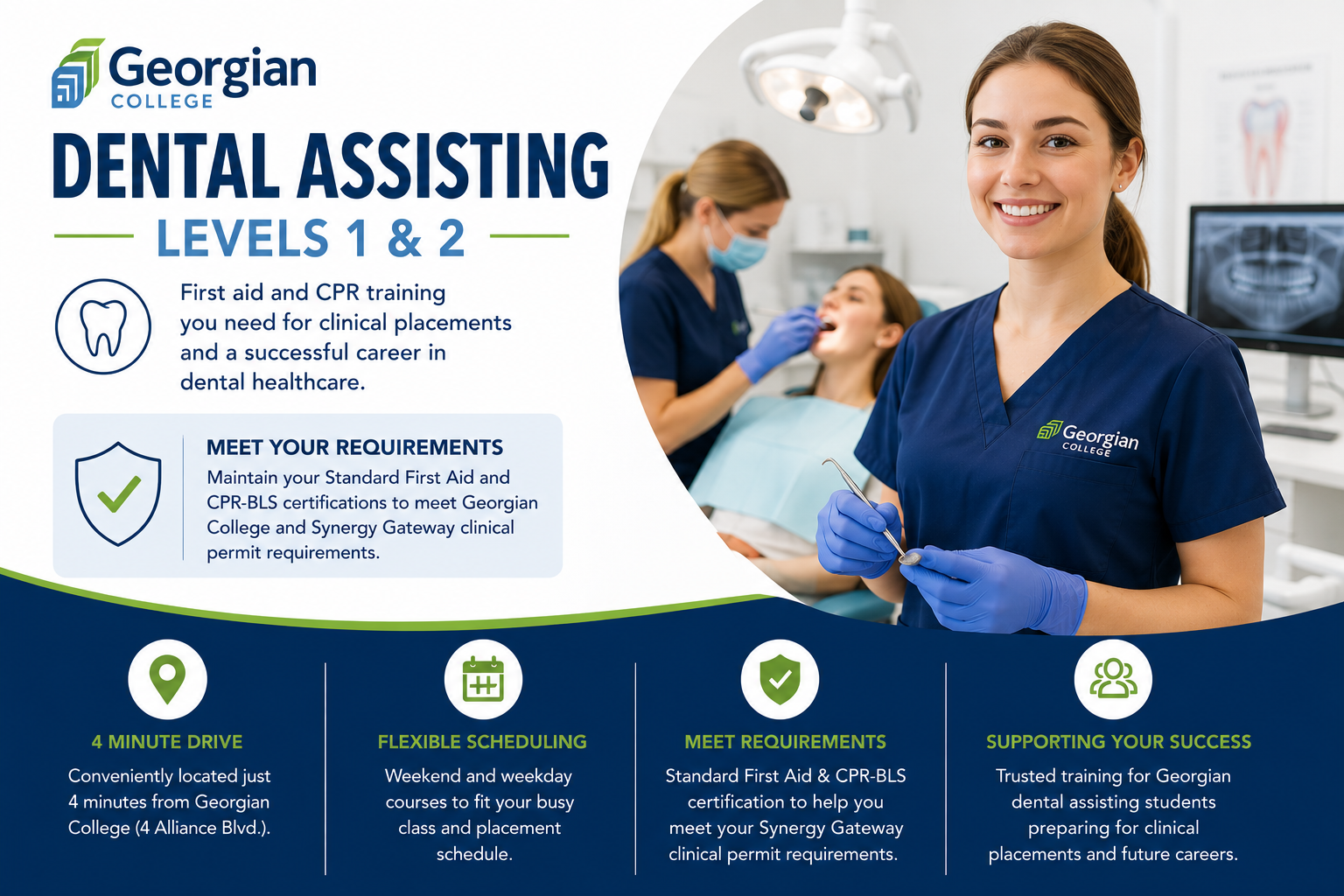 Promotional graphic for Georgian College dental assisting program, featuring a smiling female dental assistant in blue scrubs and a patient in a dental clinic, with information about program levels 1 and 2, requirements, and benefits.