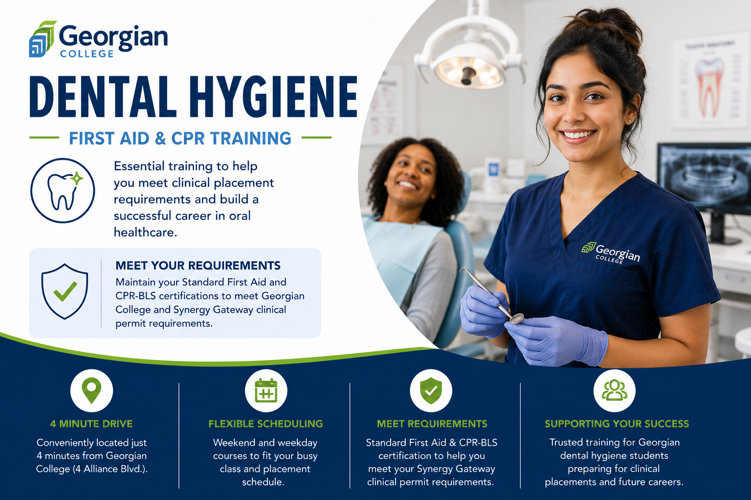 Poster advertising Georgian College dental hygiene first aid and CPR training, featuring a smiling female dental student in scrubs holding a dental tool in a dental clinic with another patient in the background