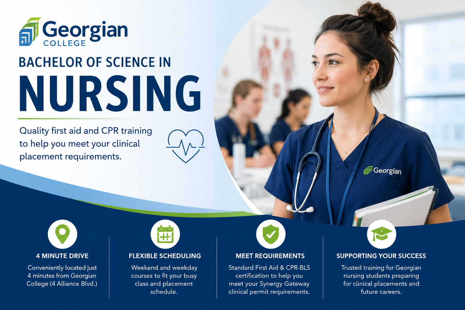 Advertisement for Georgian College's Bachelor of Science in Nursing program featuring a young female nurse with a stethoscope, holding a notebook, and smiling in a clinical classroom. Text highlights include program benefits such as quick drive time to campus, flexible scheduling, meeting certification requirements, and support for student success.