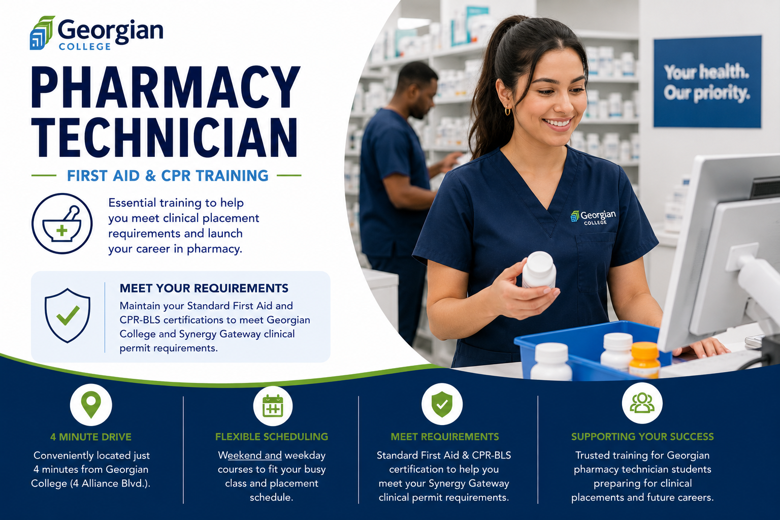 Promotional flyer for Georgian College Pharmacy Technician First Aid & CPR Training, featuring a smiling woman in pharmacy scrubs at a pharmacy counter, with supporting text about training benefits and requirements.