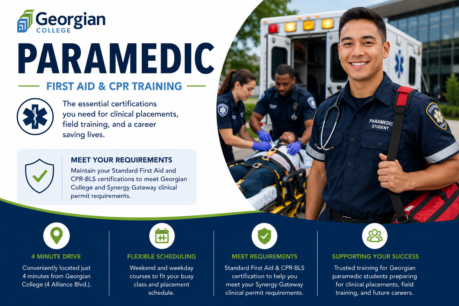 Advertisement for Georgian College Paramedic First Aid & CPR Training, featuring a smiling paramedic student with an ambulance and emergency responders attending to a patient, highlighting certification requirements, driving distance, scheduling, and support.