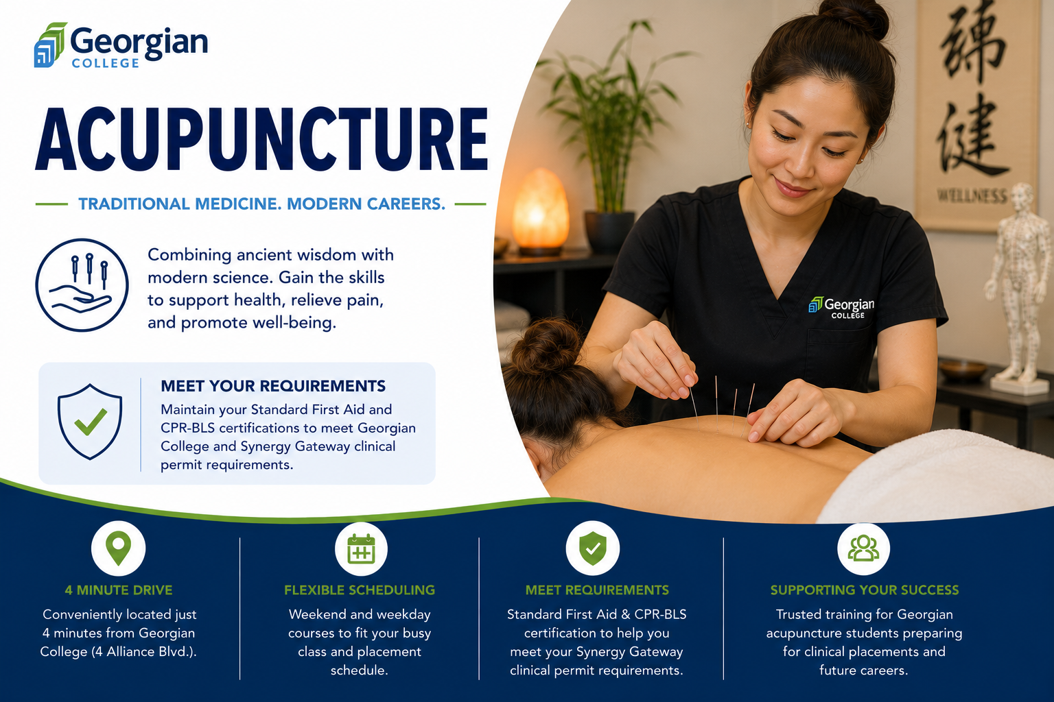 A woman in black scrubs giving acupuncture treatment to a woman lying face down. The scene is in a wellness room with plants and a statue, promoting acupuncture training at Georgian College.
