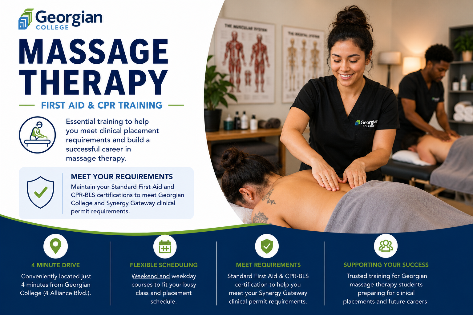 A promotional flyer for Georgian College massage therapy first aid and CPR training. It features a smiling female massage therapist providing a massage to a client in a classroom setting, with posters of human musculature on the wall.