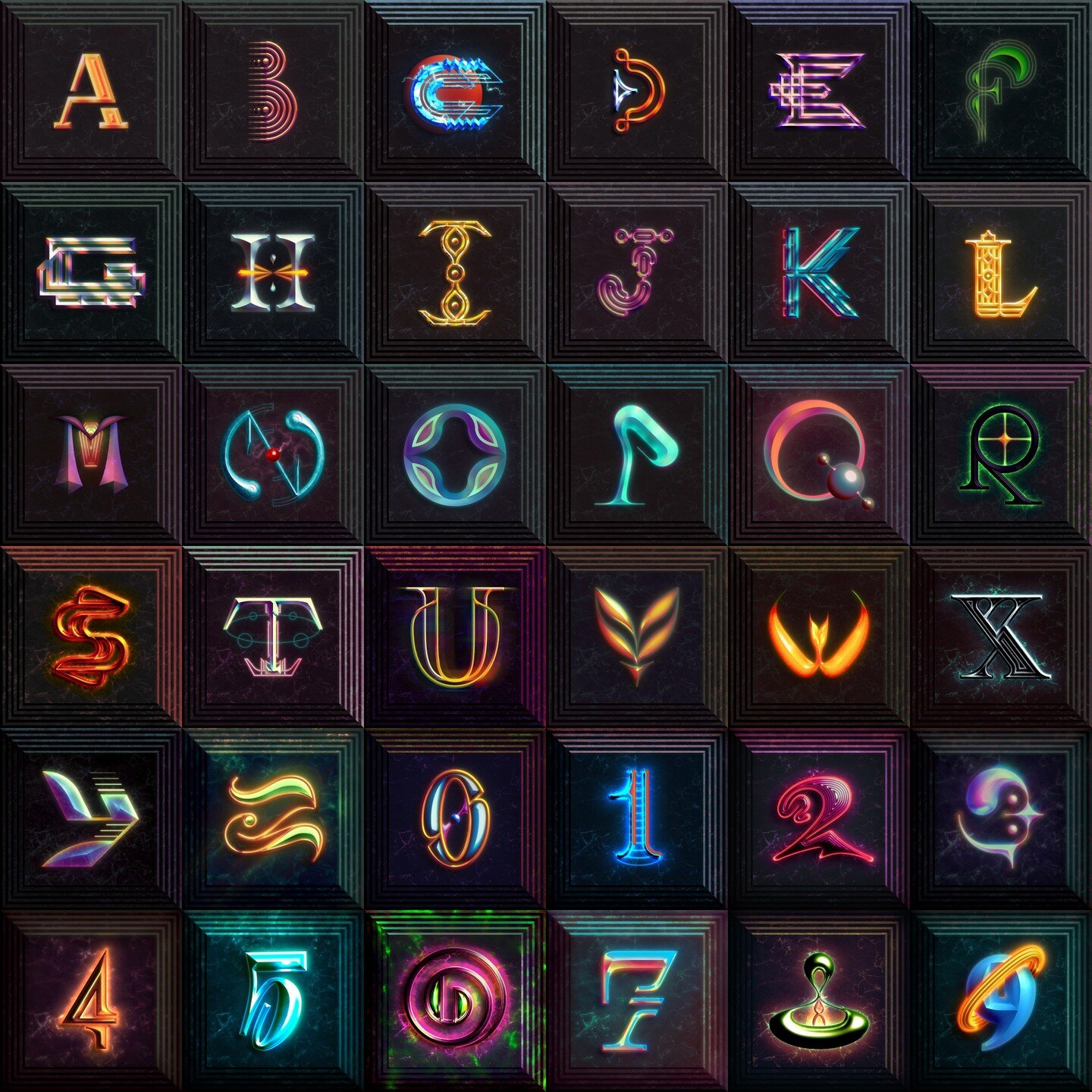 Full set! I used this year's #36daysoftype to further explore the limits of Illustrator's new 3D tool, plus practice with Photoshop and shoring up those skills I've let languish over the years. The limiting factor of using a bevel for each design (so