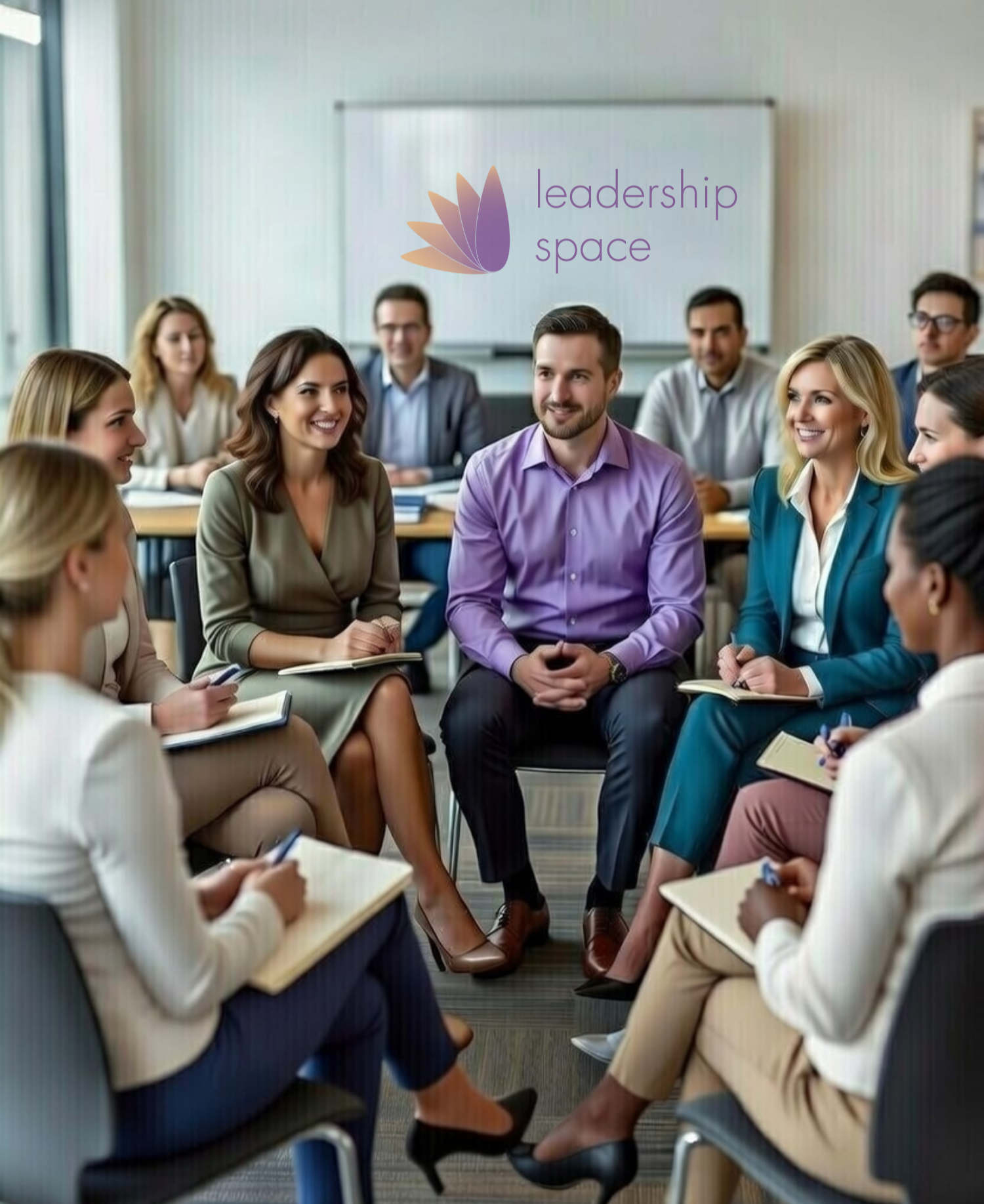 A diverse group of professionals in a meeting, engaged in discussion in a conference room with a 'leadership space' logo on the wall.