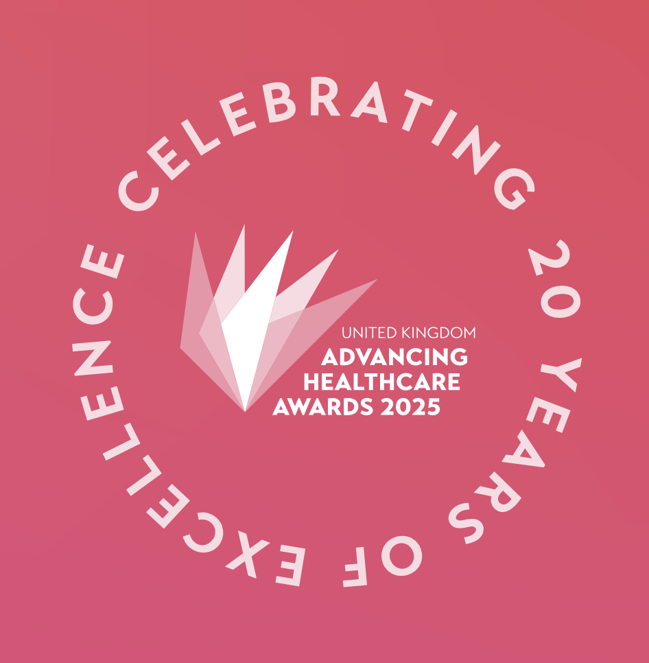 A pale red background with the following words in a circle: Celebrating 20 years of excellence.  In the middle of the circle is written United Kingdom Advancing Healthcare Awards 2025 next to a logo made up of 5 triangles. fanned out