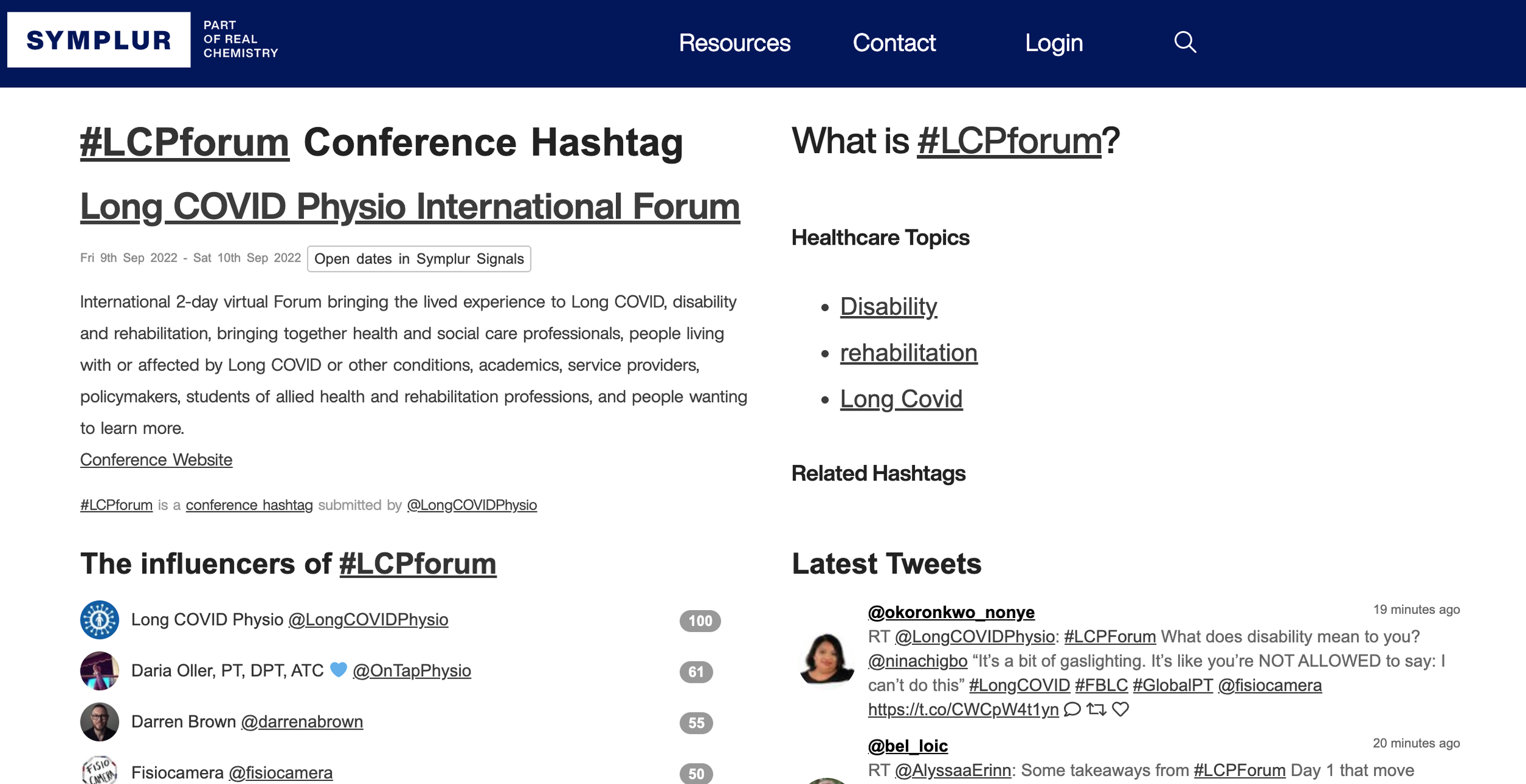 Captura de pantalla del sitio web de análisis de hashtags de Symplur para el hashtag del Foro #LCPForum