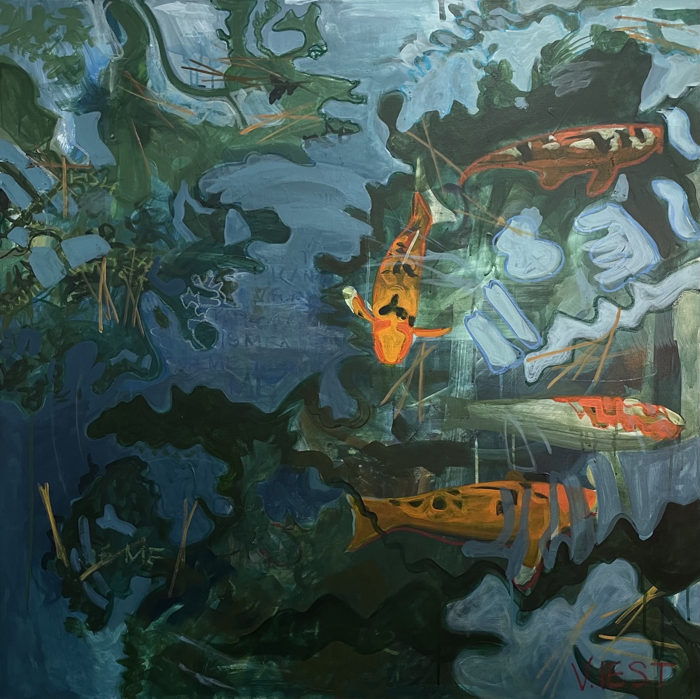 Fish Pond 1 (Restored to Herself)
Acrylic and oil pastel on cotton canvas
36x36"
$2,000