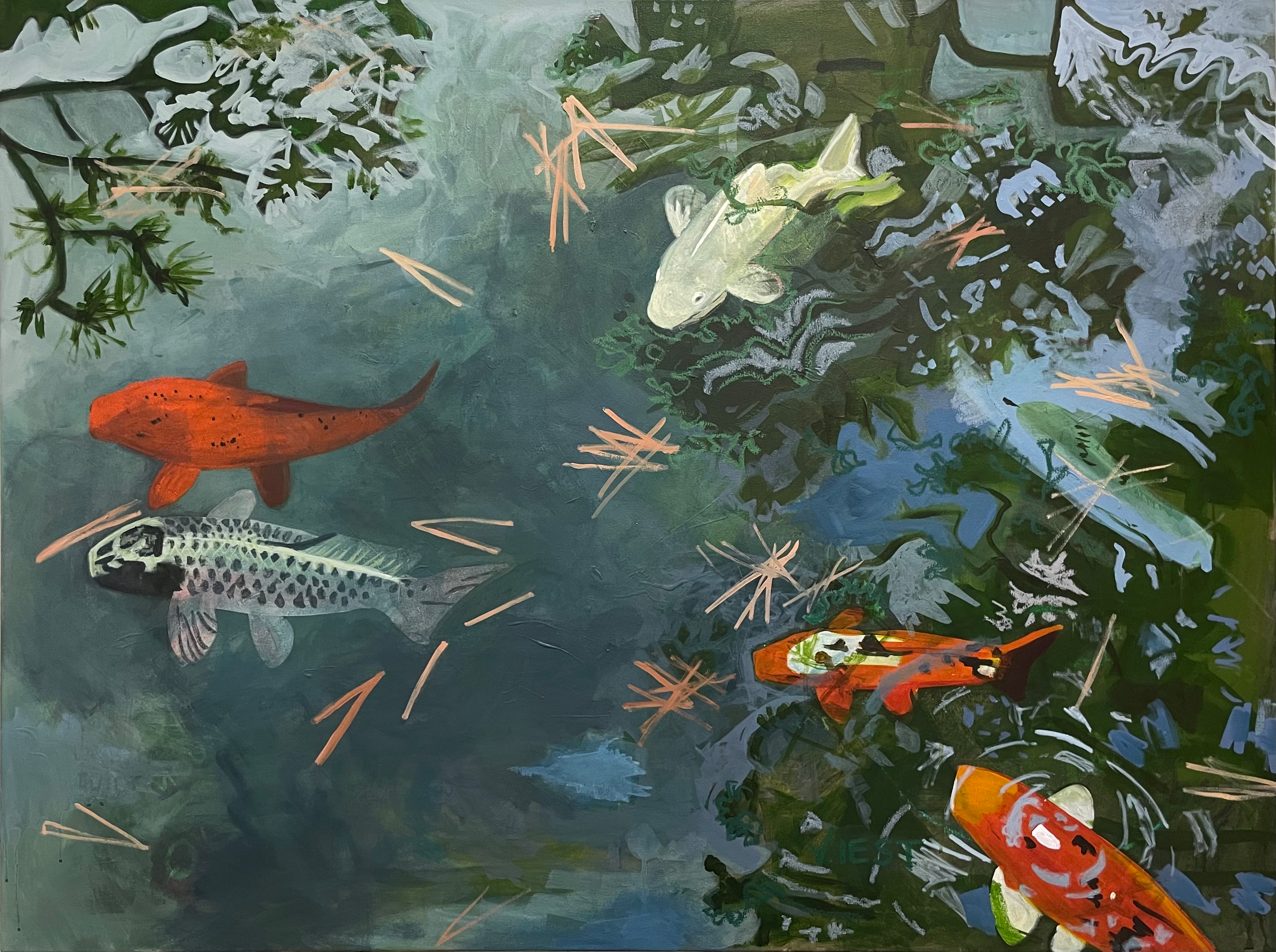 Fish Pond 2 (Begin Again and Again)
Acrylic and oil pastel on cotton canvas
36x48"
$2,645