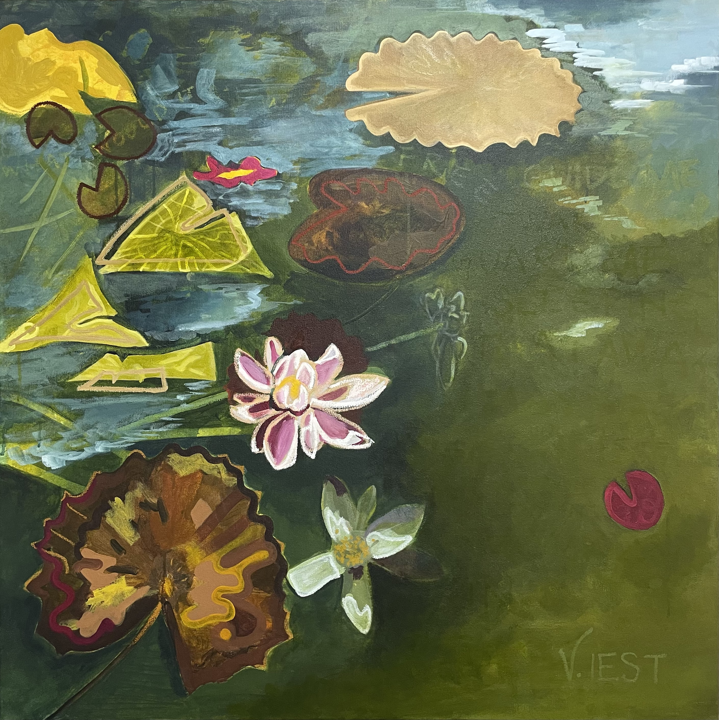 Lily Pond 2 (Questions and Whispers)
Acrylic and oil pastel on cotton canvas
36x36"
$2,000