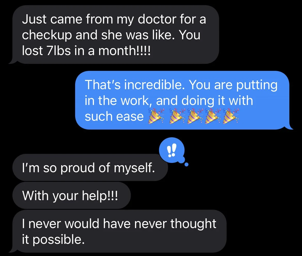 A screenshot of a text message conversation about a person's recent weight loss achievement, featuring congratulatory and proud messages, with party popper emojis.
