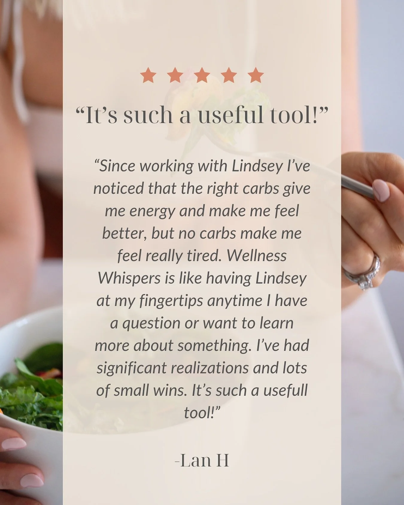 &ldquo;Wellness Whispers is like having Lindsey at my fingertips anytime I have a question or want to learn more about something.

I leave her a voice note, and she gets back to me with an answer.

It&rsquo;s LIVE access to someone when I need it the