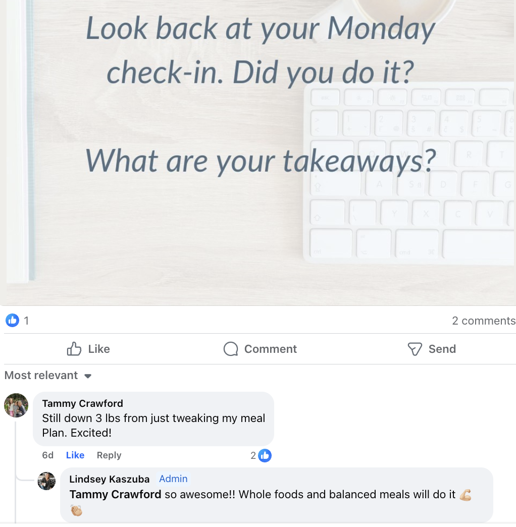 A social media post with a message encouraging reflection on Monday check-ins and takeaways, featuring a light-colored wooden surface, a white keyboard, and a partial view of a book on the left.