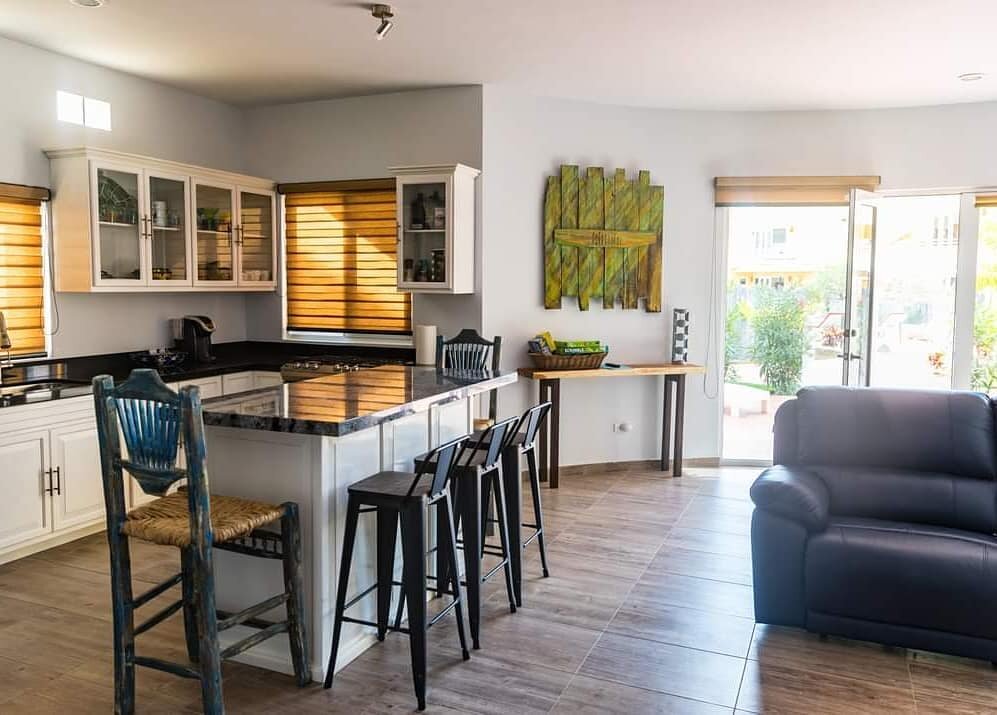 Our modern kitchens are fully equipped for your weeklong or extended stays. Gas stove. Stone counters. Keurig brewer. Extra water filtration. Indoor outdoor dishes and full outdoor dining tables with gas grill and fridges for you outdoor entertaining