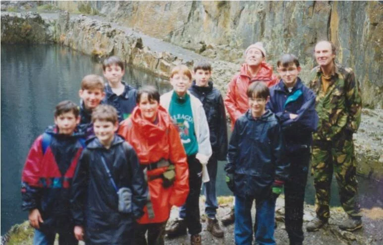 Philip Davies (far right) with a group visiting the Blue Lagoon at Fairbourne in December 1995