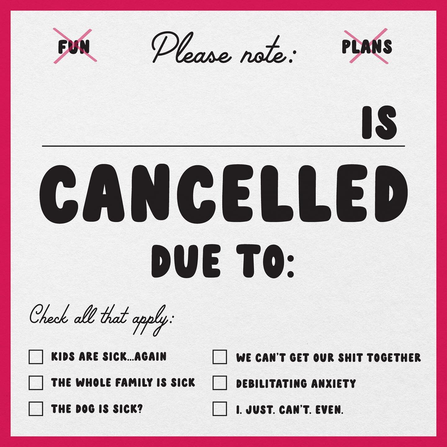 Anybody else out there? I&rsquo;m so bummed to keep canceling plans but the sickness just keeps coming with these kiddos. I made this so I could laugh instead of sob. #avlmom #cancelledplans #tellmecanyoufeelmenow
