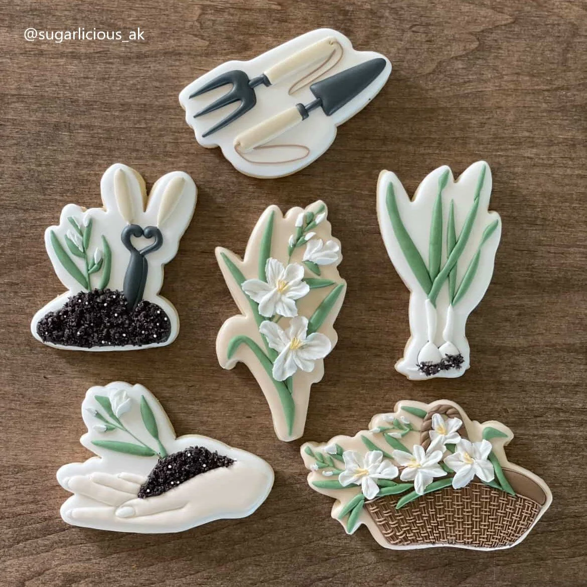 Mothers Garden Set, garden hand, garden sprout, gladiolous basket, hand rake and shovel, rooted stems, stemmed galdolus.jpg