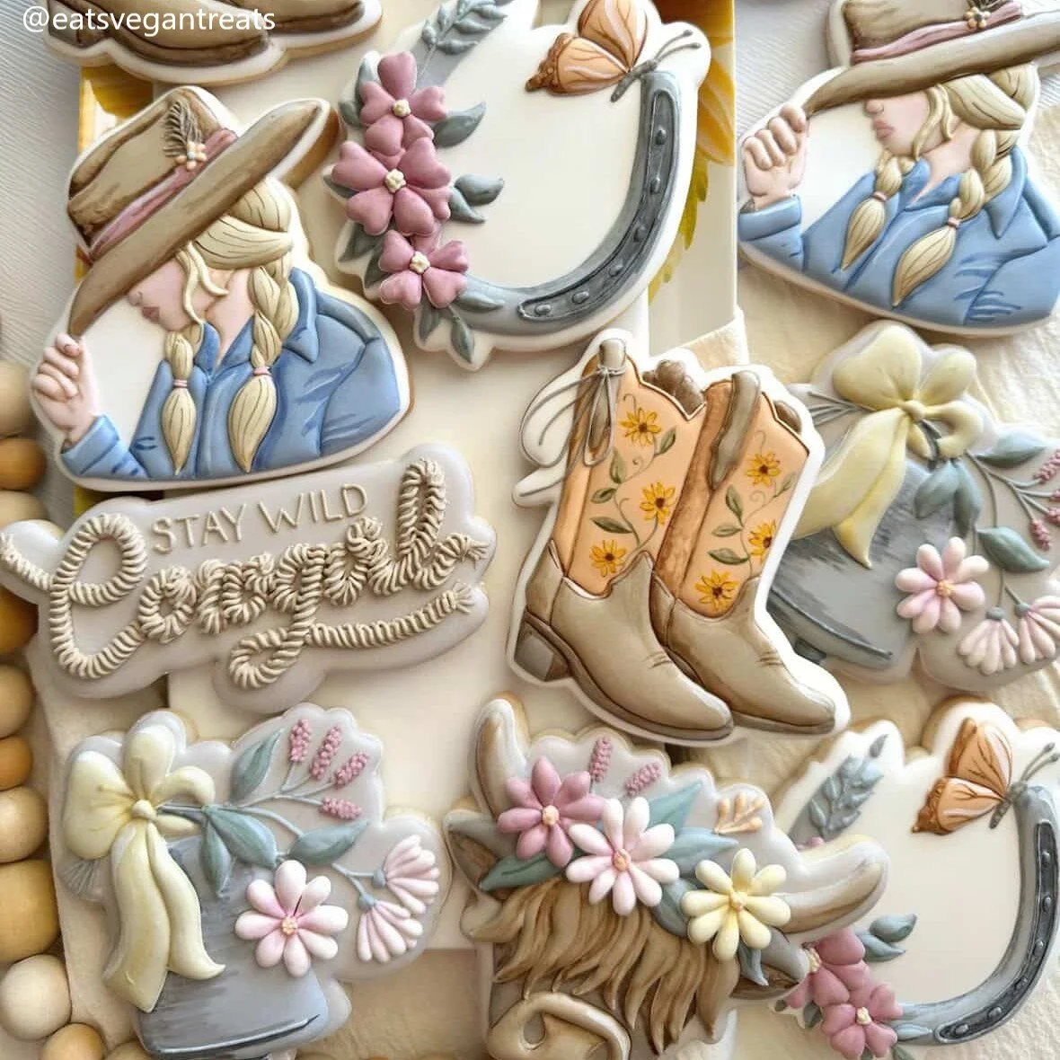 Cowgirl set, cowgirl, cowgirl boots, cowgirl plaque, floral butterfly horseshoe, floral bow bell, floral cow head.jpg