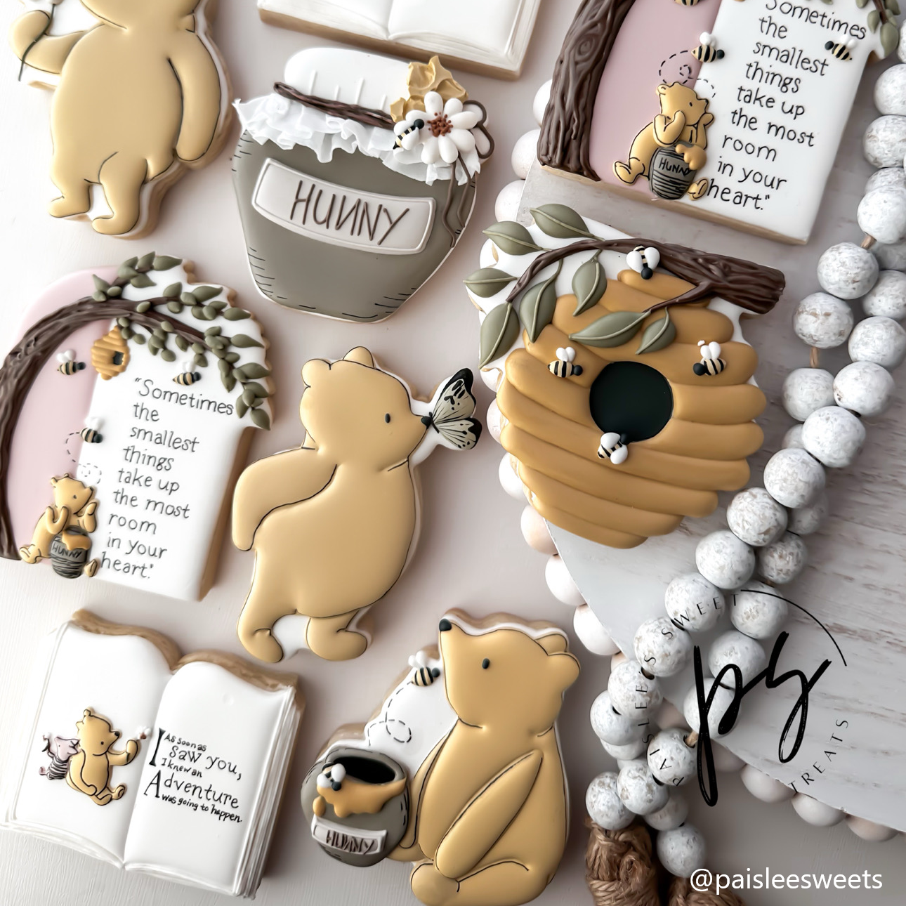 Vintage Pooh Set, bee bear, story book, tree arch pair, butterfly bear, beehive, honey pot.png
