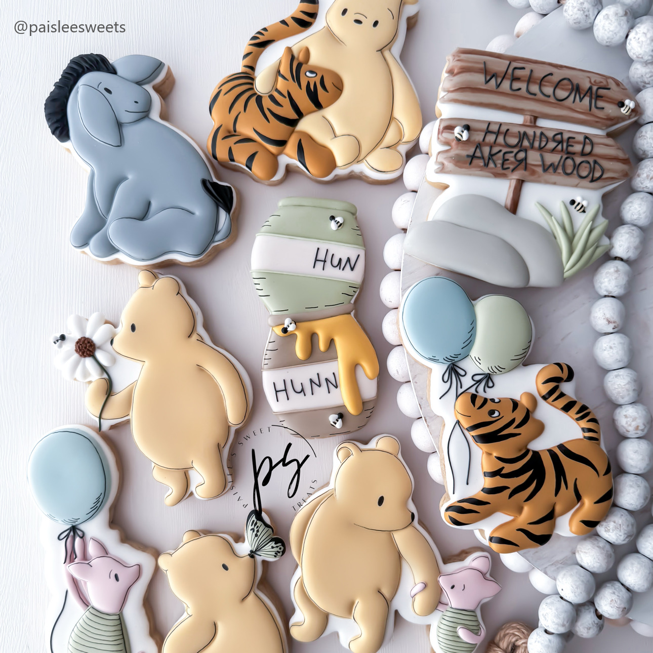 Vintage Pooh and Friends, bear and tiger, donkey, woods sign, honey pot stack, tiger balloons, bear and pig, pig balloons.png