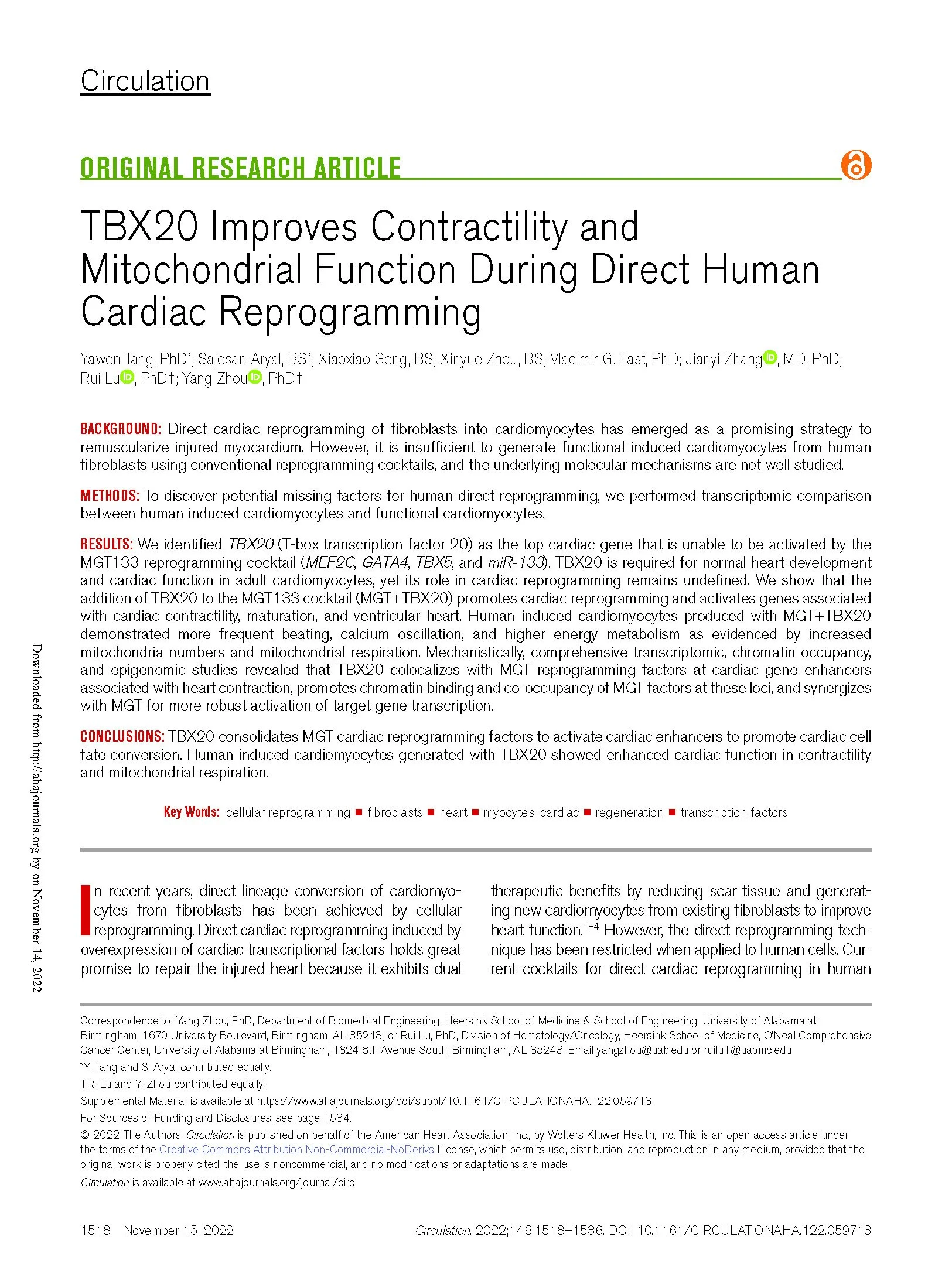 Recently, we have identified TBX20 as the key missing transcription factor in existing cocktails for direct cardiac reprogramming of human fibroblasts (Circulation, 2022).