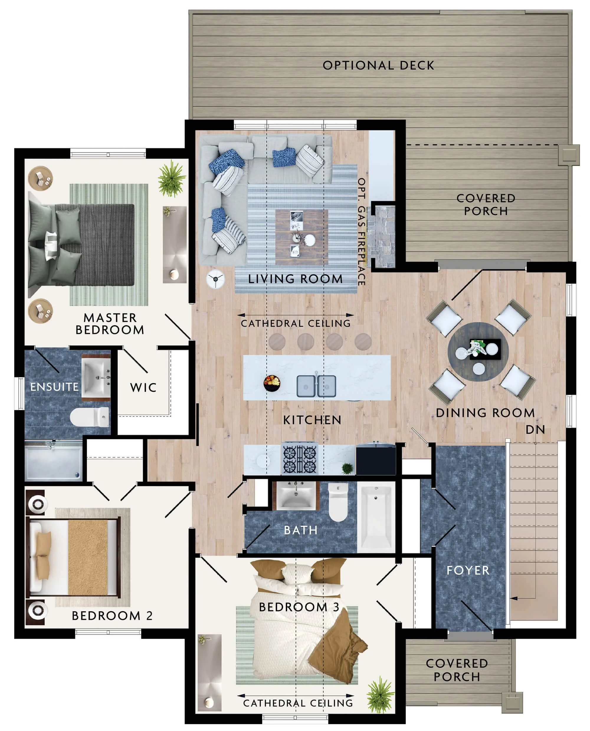 Floor plan of a house with labeled rooms including a master bedroom with ensuite and walk-in closet, two additional bedrooms, a bathroom, kitchen with island, living room with outdoor optional gas fireplace, dining area, foyer, and outdoor deck and porch areas.
