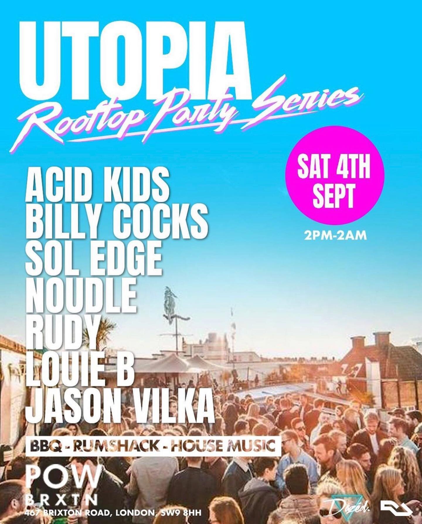 Who&rsquo;s coming then!! Final @utopialondon Rooftop party of the summer and I&rsquo;m DJing today 5-6pm at @powbrixton ! Expect a classic Deep House set with a sprinkle of Garage ✨😜