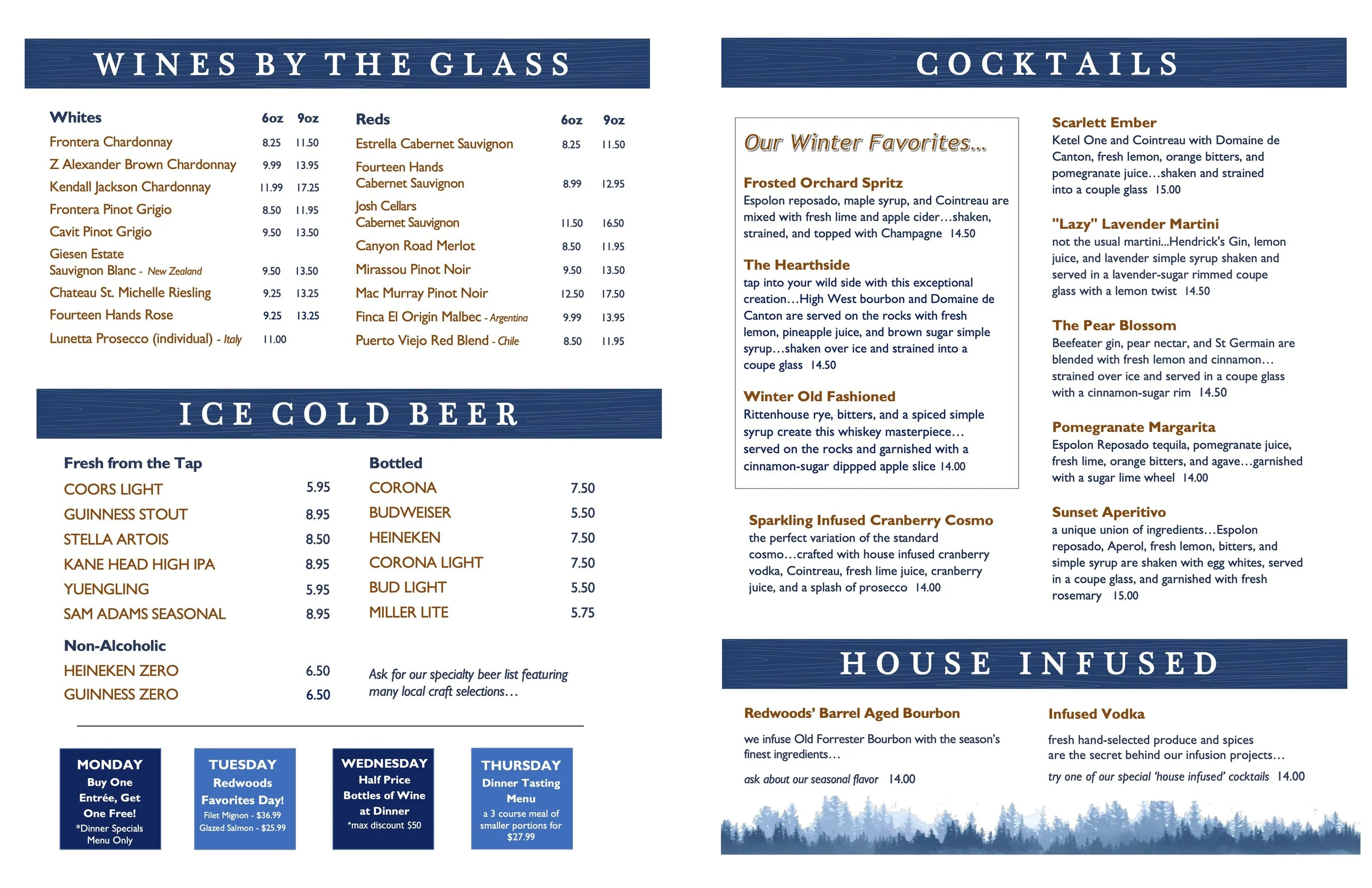 A menu with sections for wines by the glass, ice cold beer, cocktails, and house infused spirits, featuring a winter theme with festive drink descriptions and prices.