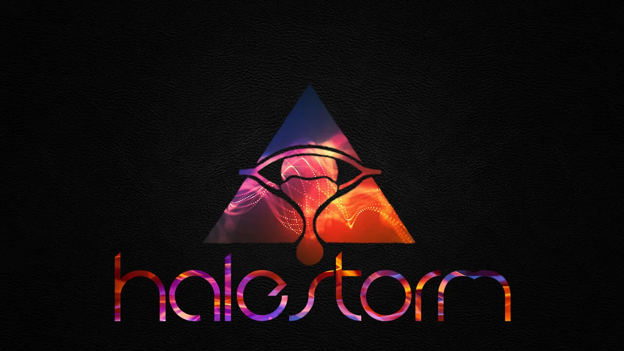 A black textured background with a neon-colored logo of a triangle, an eye, and a stylized drop shape, with the word "halestorm" in colourful text below.