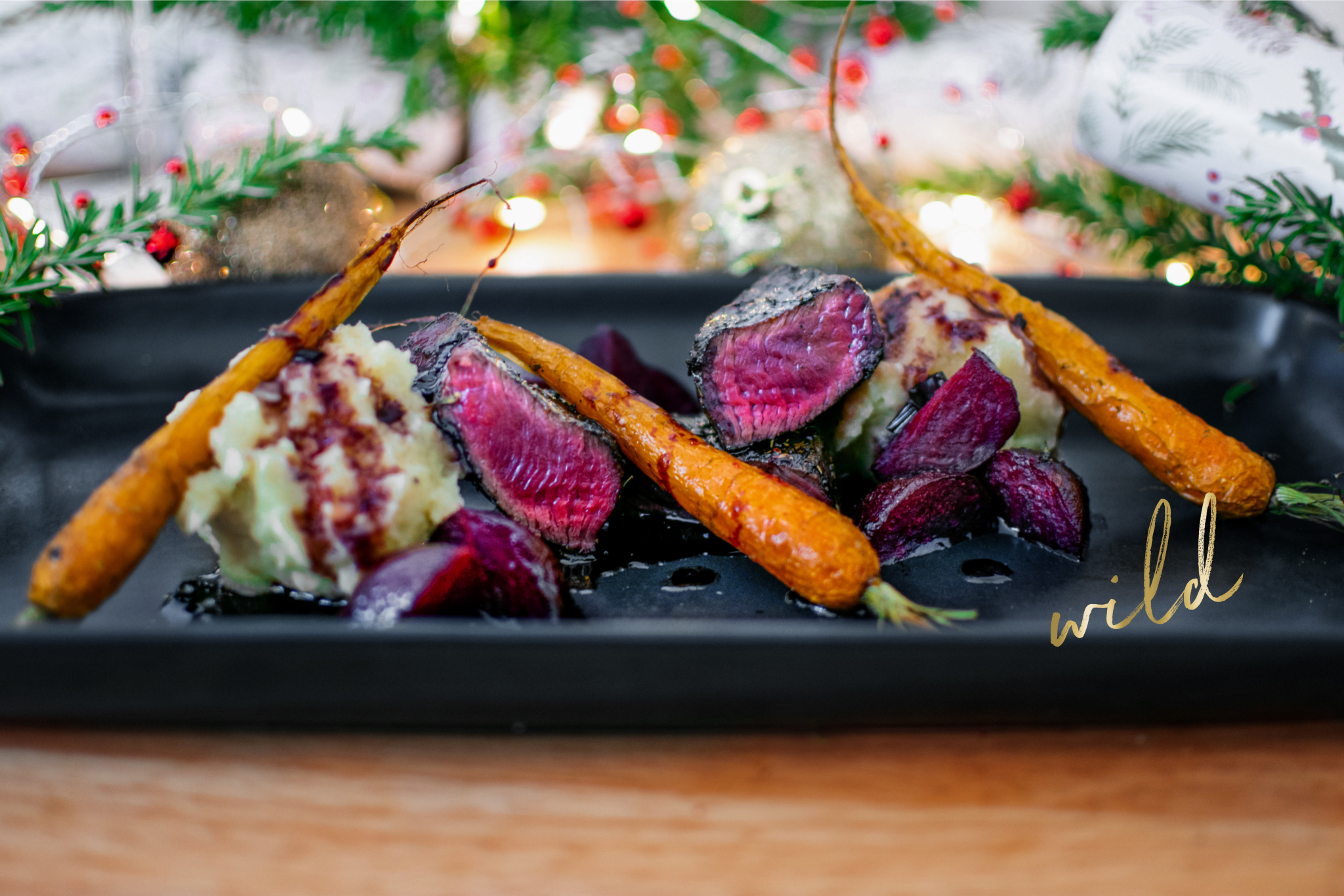 Wild Venison, Red Wine Jus with Honey Vegetables and Mash Beetroot and ...