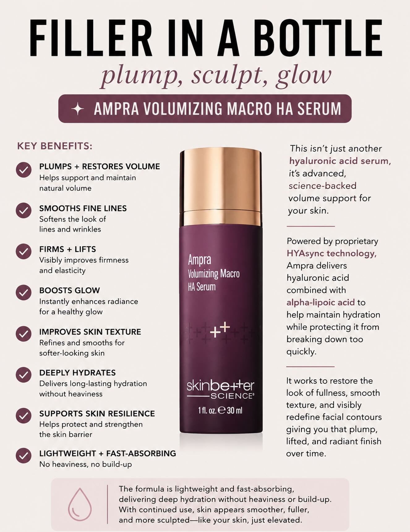 &ldquo;Filler in a bottle&rdquo; energy&mdash;without the filler.

Ampra helps support skin hydration and a visibly refreshed, youthful-looking complexion. The perfect addition to your skincare routine. ✨

#Ampra #SkinbetterScience #SkincareRoutine #