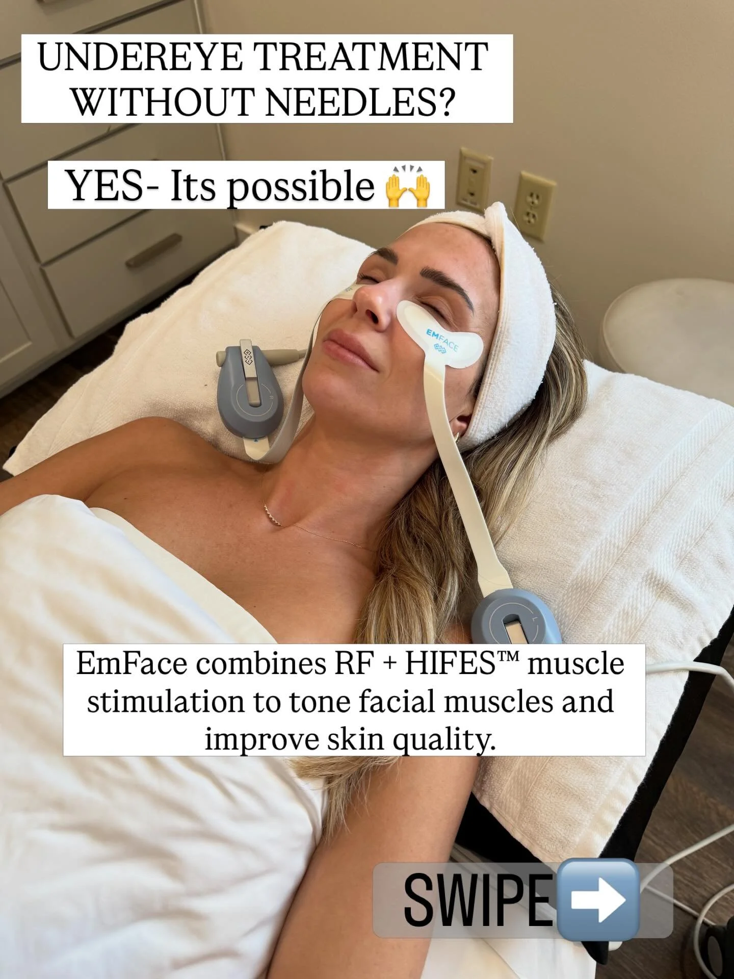 Most people think under-eyes are only a filler conversation.

But muscle support matters too.

EmFace uses synchronized radiofrequency + HIFES&trade; muscle stimulation to strengthen facial muscles while improving skin quality.

When the muscles that