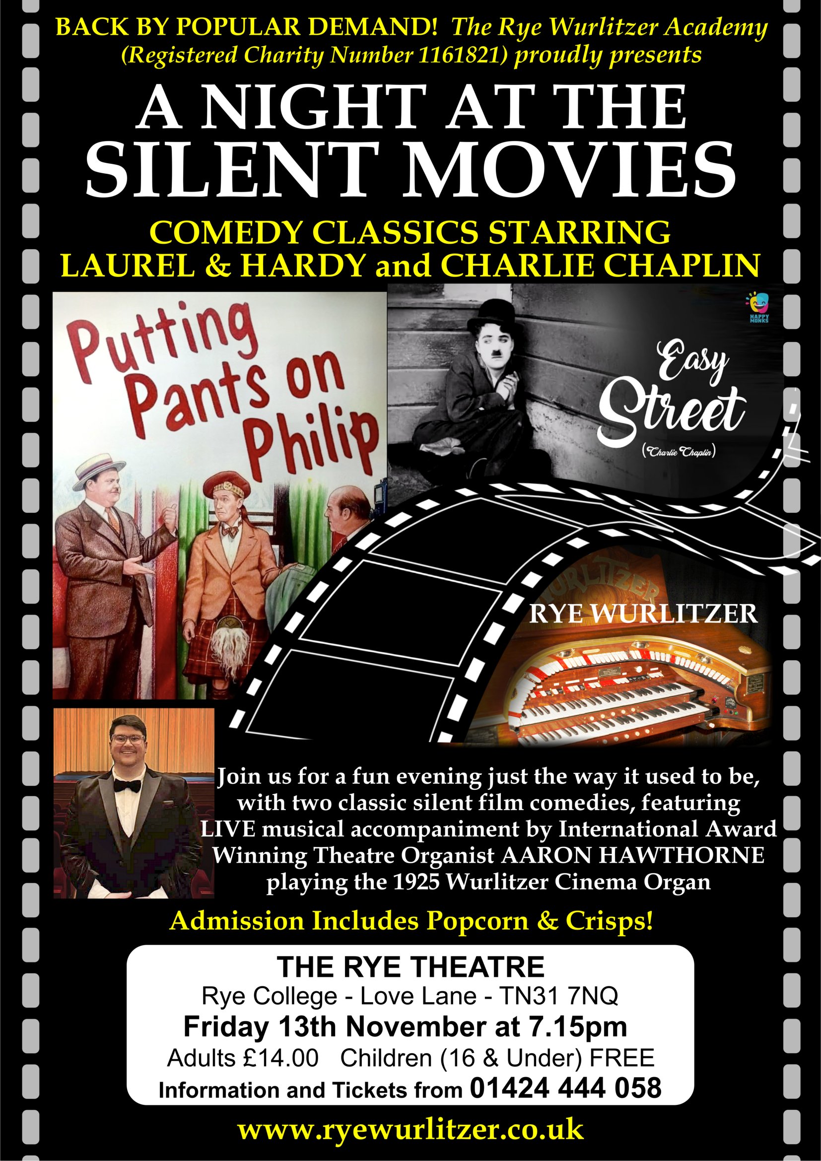 Silent Film Night featuring comedy classics with Laurel & Hardy and Charlie Chaplin, plus live score by international award winning organist Aaron Hawthorne at the Rye Wurlitzer 