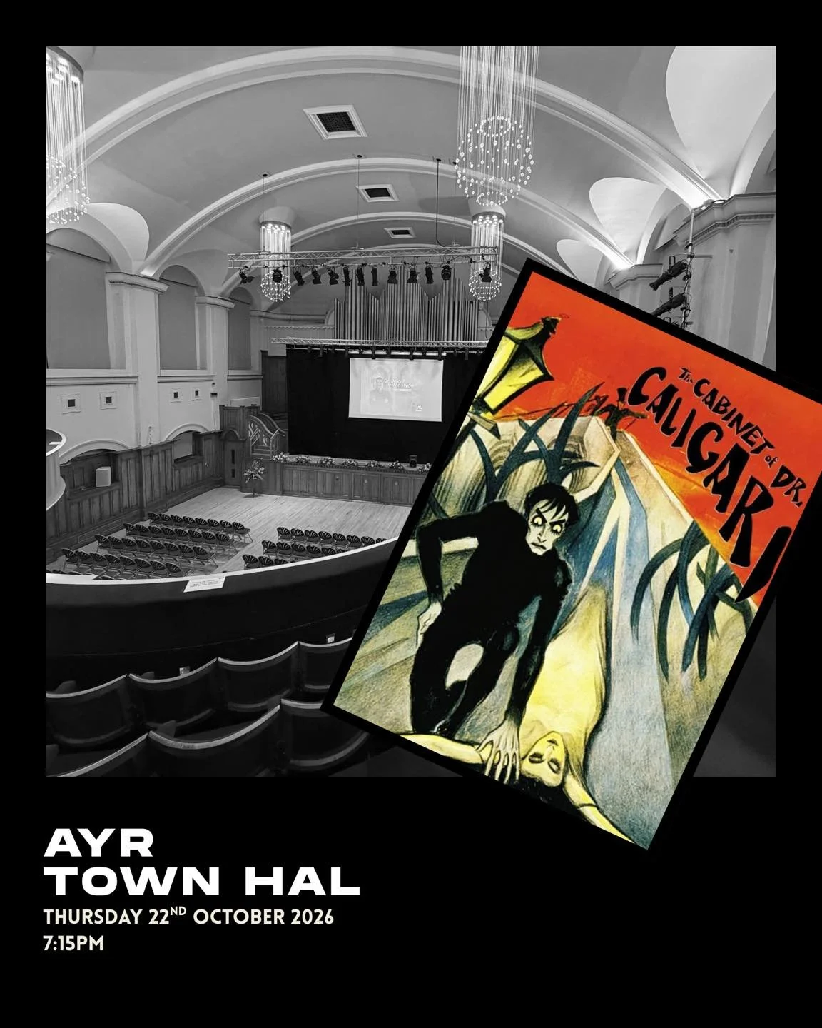 The third performance on this year&rsquo;s tour will be at Ayr Town Hall with Ayr Film Society and Ayr Arts Guild. 

This will be my fifth visit to accompany a film using the wonderful Lewis &amp; Co. organ in the town hall, which is always so much f