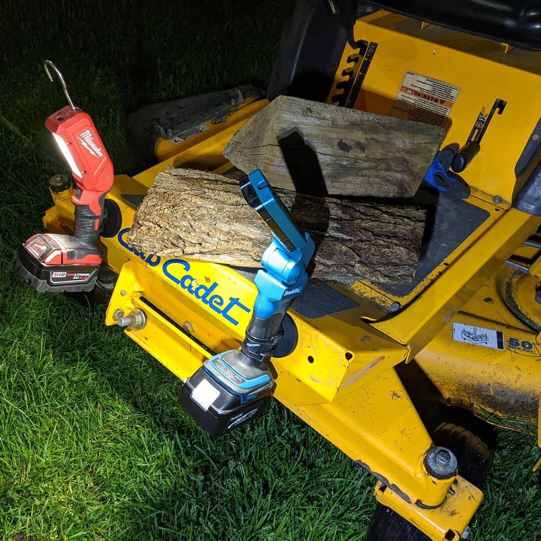 Ready for a camp fire after a run to the wood rack in the zero turn mower using Magnetic Mounting Kit on a Milwaukee &amp; Makita LED Cordless worklights. Free up your hands!