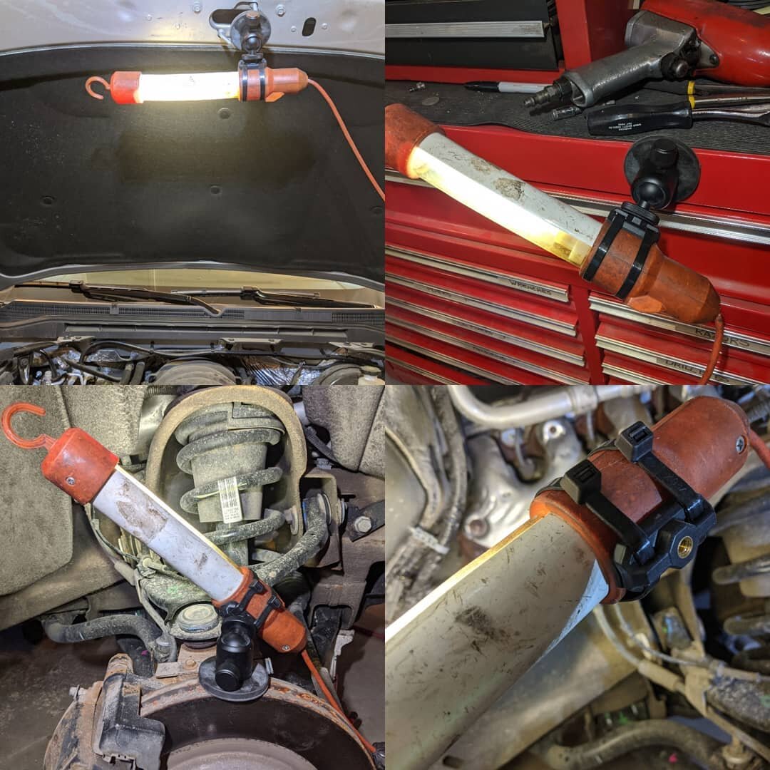 An old shop light outfitted with a magnet mount kit and swivel. Free up your greasy  hands!