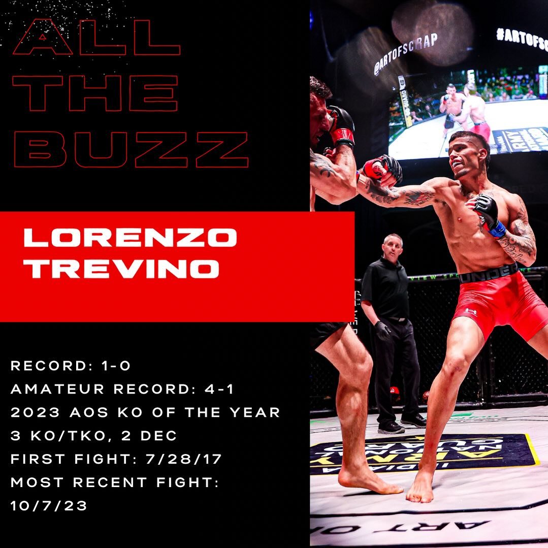 @lorenzo_trevino returns to the AOS cage on Saturday, coming off of a KO OF THE YEAR performance at AOS7! Don&rsquo;t miss him in the co-main event when he takes on savvy BJJ brown belt Rob McGruder ⚡️⚡️ Tickets and PPV are on sale NOW at artofscrap.