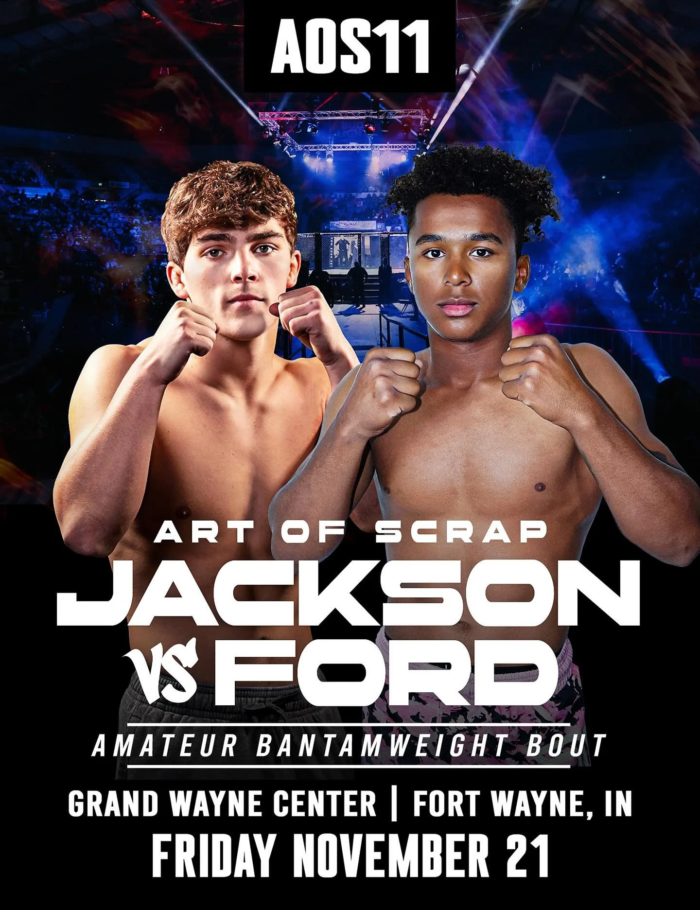 🚨 BOUT ANNOUNCEMENT 🚨 On Friday, November 21st @ethan_jackson.0 will make the trip from Nebraska to take on Indiana&rsquo;s own @juju.__.03 in an amateur bantamweight bout at the Grand Wayne Center in downtown Fort Wayne, Indiana! Tickets to AOS11 