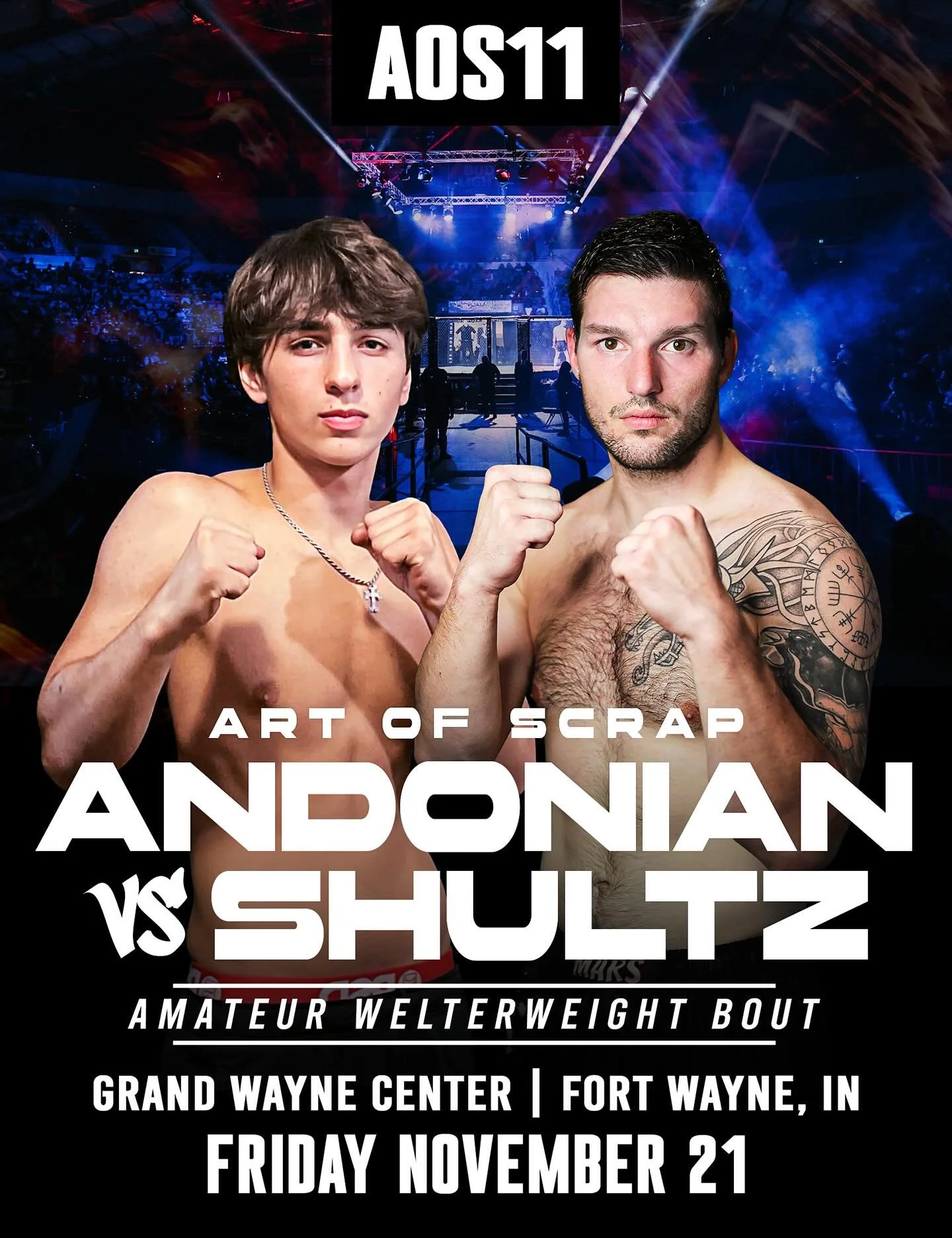 On Friday, November 21 hometown cats are rumbling in their amateur MMA debuts when @nick_ando123 takes on @dane_shultz in a welterweight bout 👊🏽💥 AOS11 goes down at the Grand Wayne Center in downtown Fort Wayne. Tickets are on sale now at artofscr