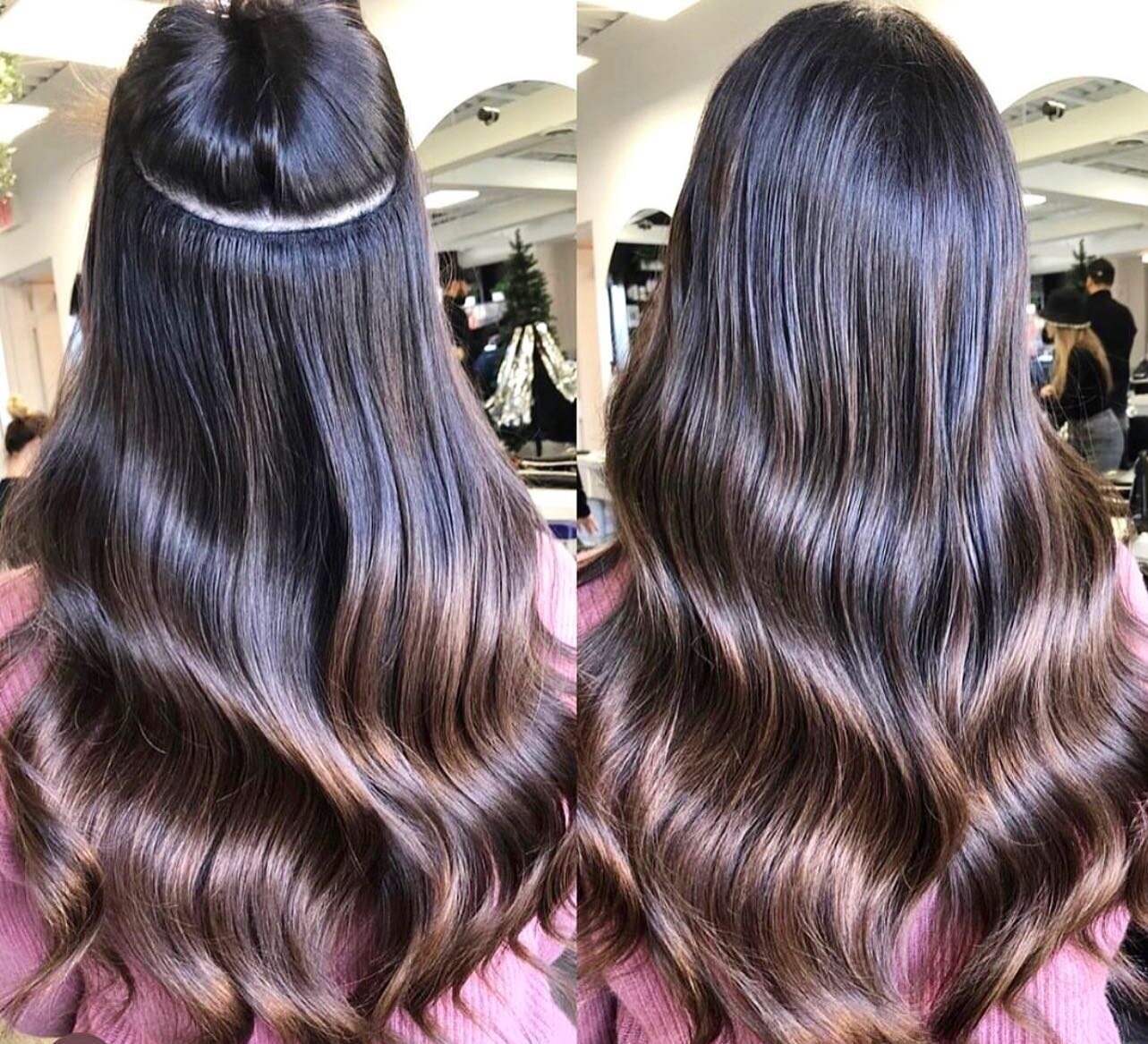 Hand tied weft extensions now available with @hairrby.kylee ! I&rsquo;m addition to tape in extensions we now offer this great installation process to add length and volume. We are also offering 50% OFF the install price for the month of December, on