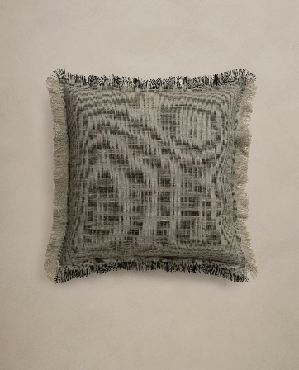 fringe linen cushion in olive 50 x 50cm
