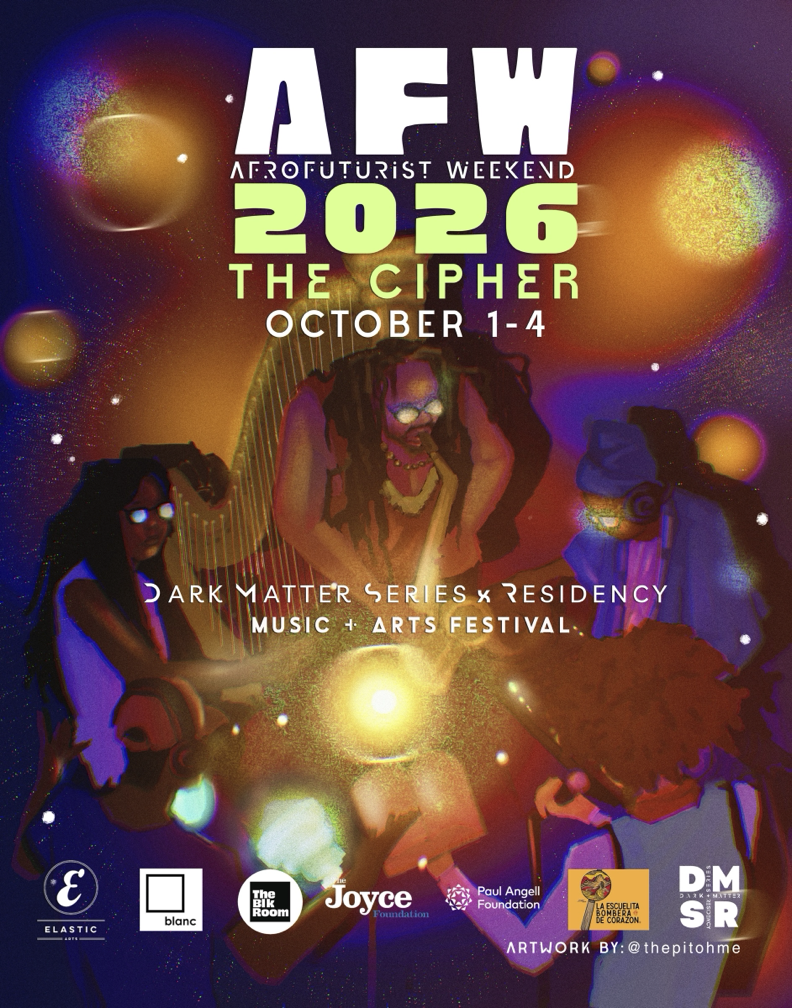 Stylized illustration of black musicians and writers in a circle around a light in the center